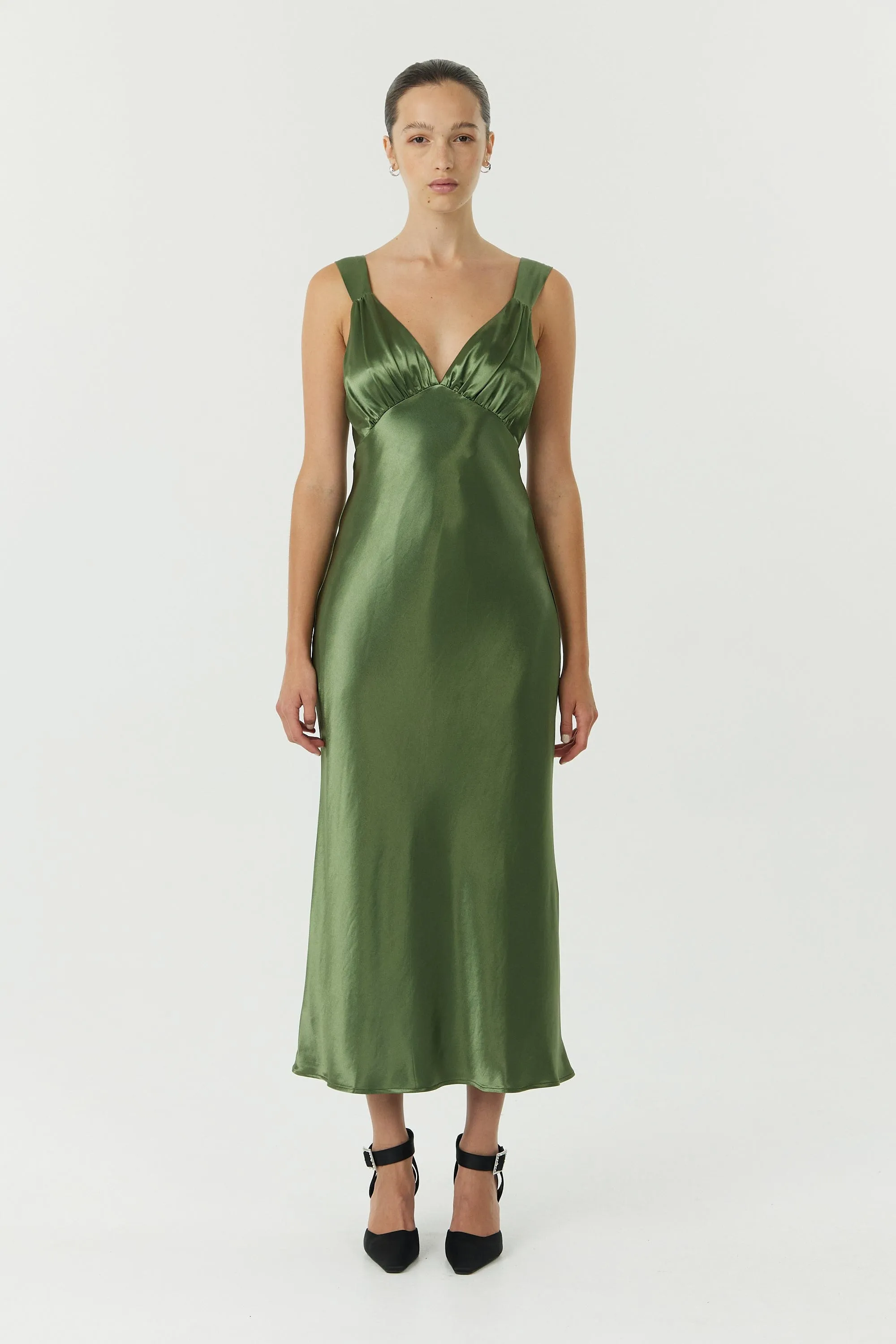 SATIN GATHER BRA BIAS SLIP | OLIVE