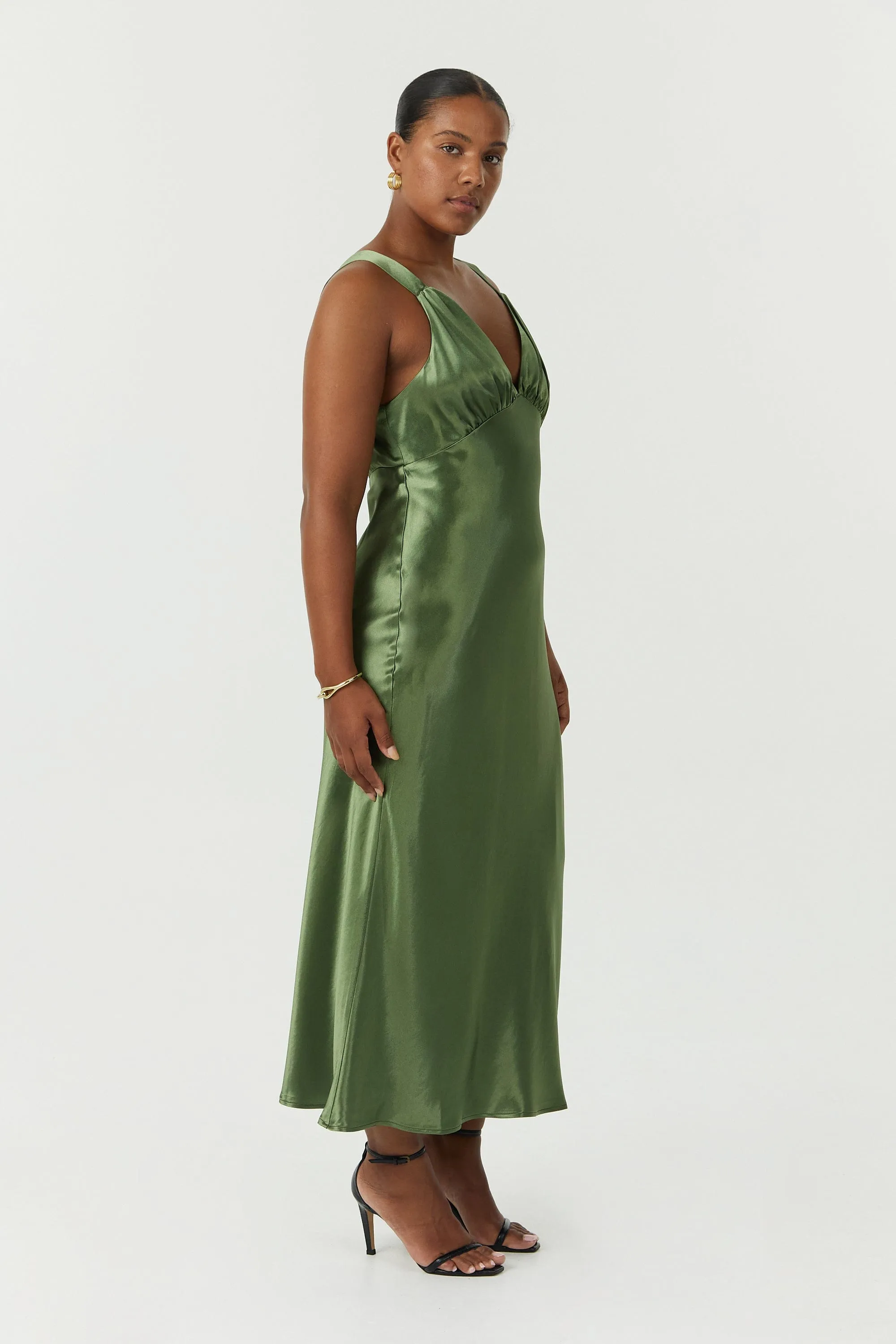 SATIN GATHER BRA BIAS SLIP | OLIVE