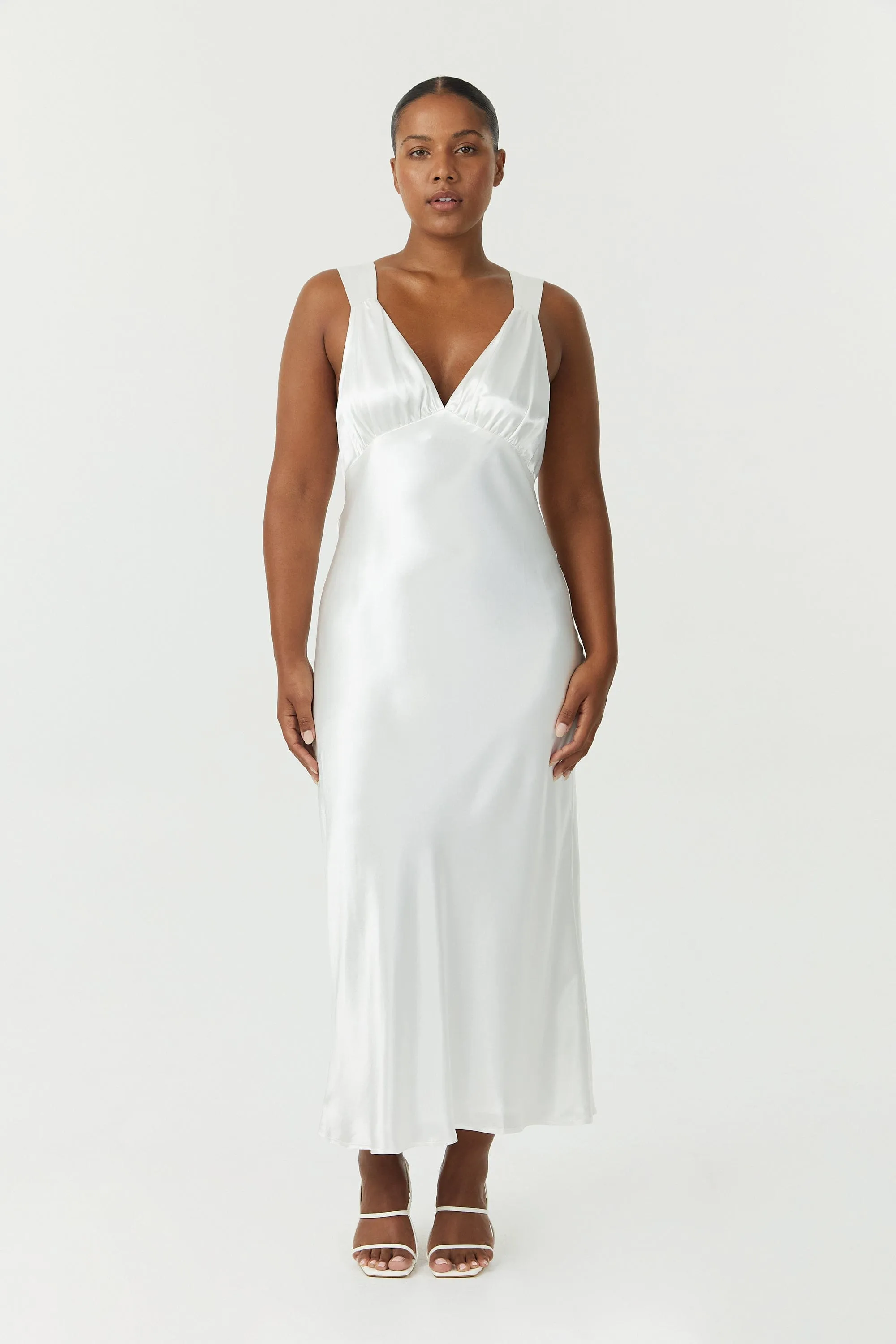 SATIN GATHER BRA BIAS SLIP | POWDER WHITE