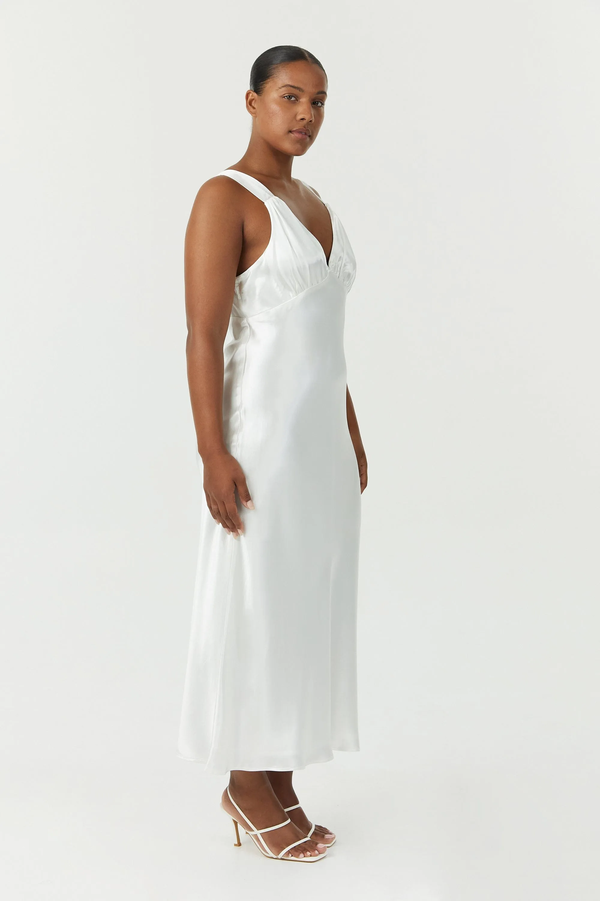SATIN GATHER BRA BIAS SLIP | POWDER WHITE