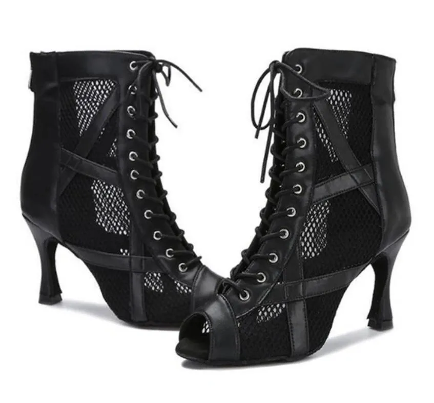 Sexy Women's Black Leather Mesh Dance High Heels Ankle Booties