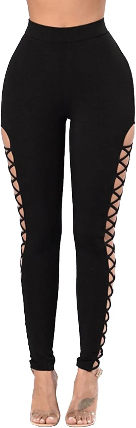 Sexyshine Women's Gothic Black Lace Up Leggings Chic Punk Hollow Out Side Bandage Cross High Waist Tight Pencil Trousers