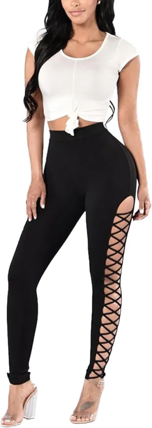 Sexyshine Women's Gothic Black Lace Up Leggings Chic Punk Hollow Out Side Bandage Cross High Waist Tight Pencil Trousers