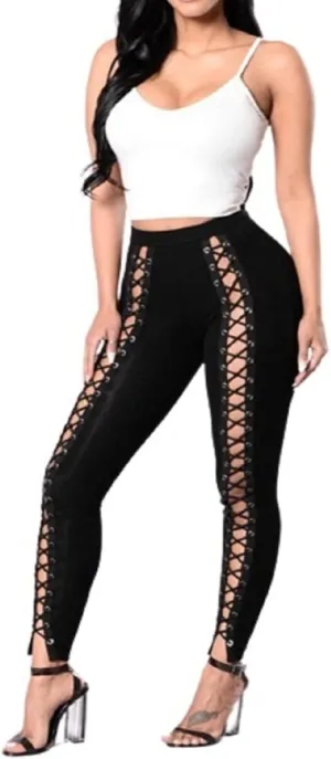 Sexyshine Women's Gothic Black Lace Up Leggings Chic Punk Hollow Out Side Bandage Cross High Waist Tight Pencil Trousers