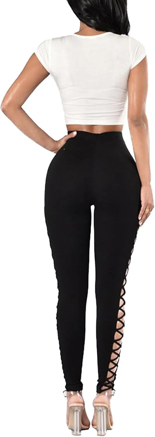 Sexyshine Women's Gothic Black Lace Up Leggings Chic Punk Hollow Out Side Bandage Cross High Waist Tight Pencil Trousers