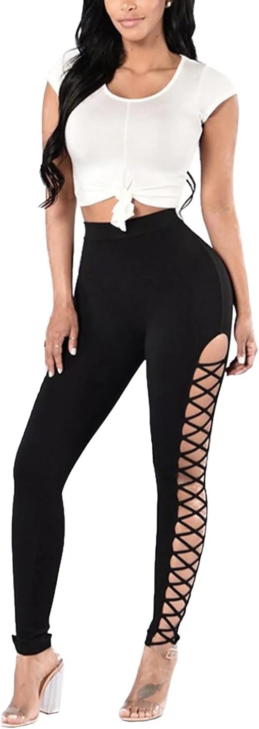 Sexyshine Women's Gothic Black Lace Up Leggings Chic Punk Hollow Out Side Bandage Cross High Waist Tight Pencil Trousers