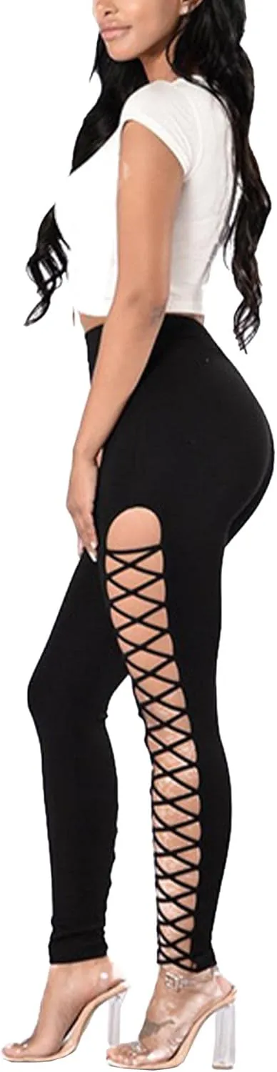 Sexyshine Women's Gothic Black Lace Up Leggings Chic Punk Hollow Out Side Bandage Cross High Waist Tight Pencil Trousers
