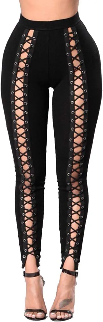 Sexyshine Women's Gothic Black Lace Up Leggings Chic Punk Hollow Out Side Bandage Cross High Waist Tight Pencil Trousers