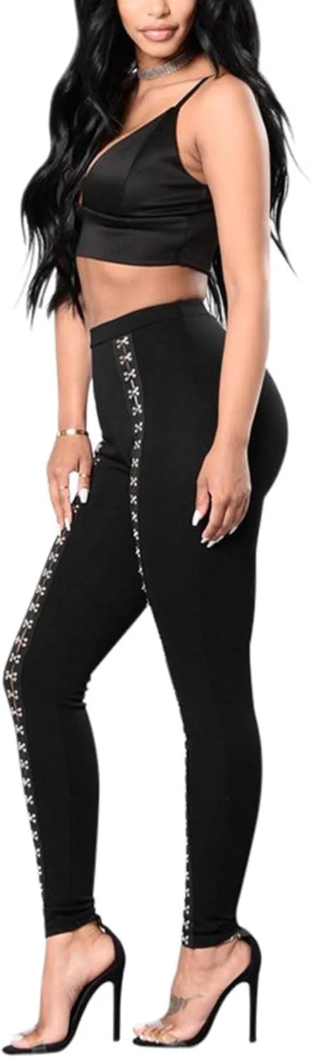 Sexyshine Women's Gothic Black Lace Up Leggings Chic Punk Hollow Out Side Bandage Cross High Waist Tight Pencil Trousers