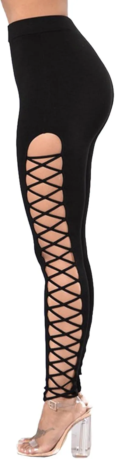 Sexyshine Women's Gothic Black Lace Up Leggings Chic Punk Hollow Out Side Bandage Cross High Waist Tight Pencil Trousers