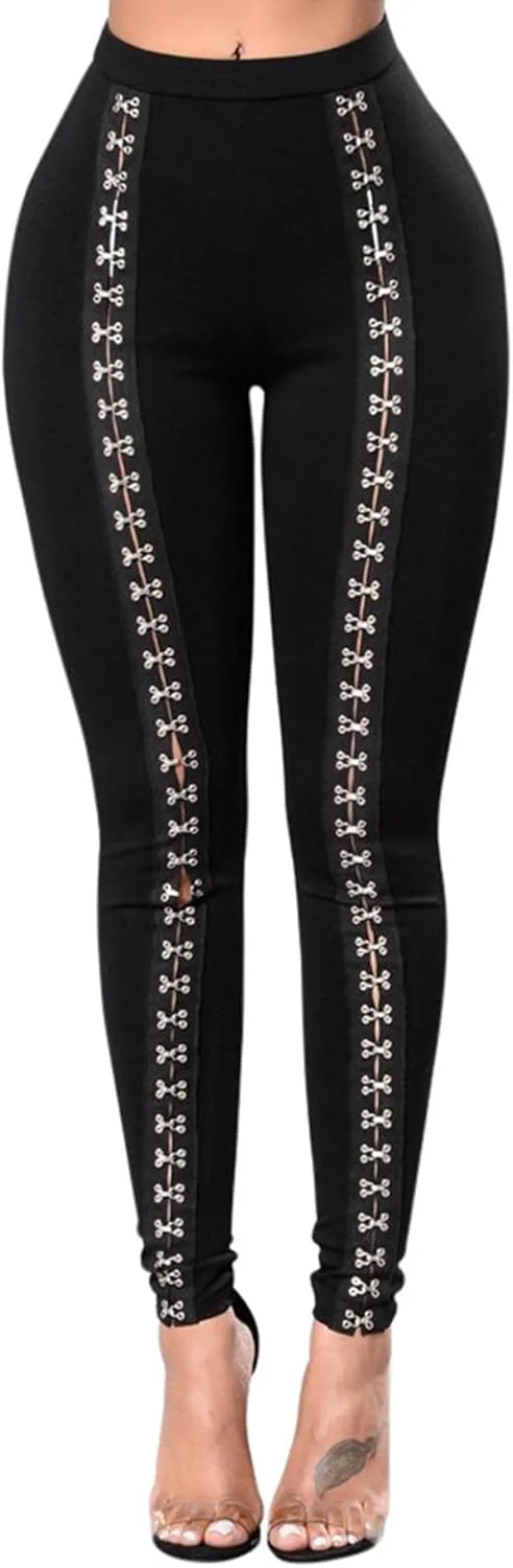 Sexyshine Women's Gothic Black Lace Up Leggings Chic Punk Hollow Out Side Bandage Cross High Waist Tight Pencil Trousers