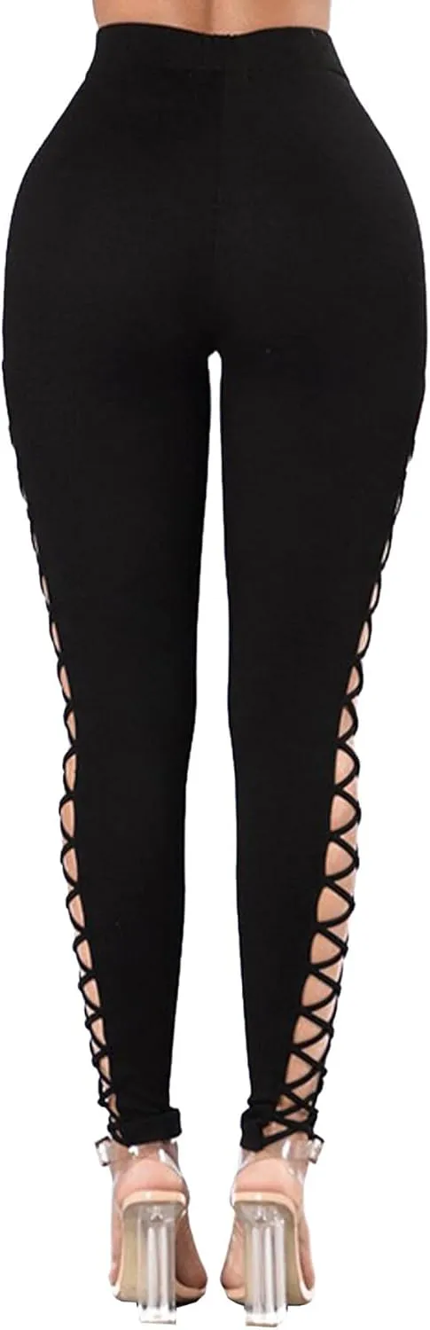 Sexyshine Women's Gothic Black Lace Up Leggings Chic Punk Hollow Out Side Bandage Cross High Waist Tight Pencil Trousers
