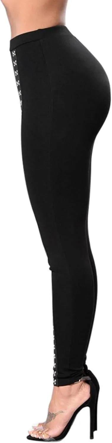 Sexyshine Women's Gothic Black Lace Up Leggings Chic Punk Hollow Out Side Bandage Cross High Waist Tight Pencil Trousers