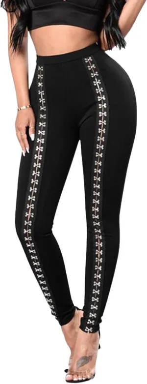 Sexyshine Women's Gothic Black Lace Up Leggings Chic Punk Hollow Out Side Bandage Cross High Waist Tight Pencil Trousers