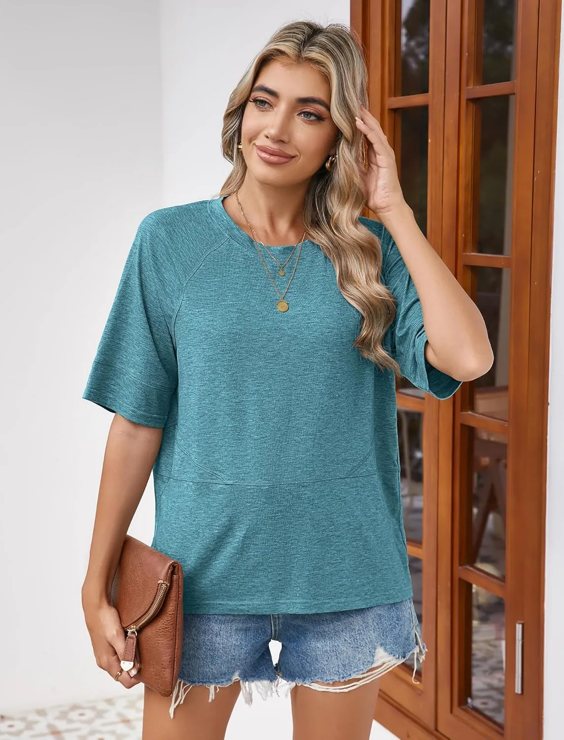 Sherosa Womens Casual Crewneck Half Sleeve T-Shirts Solid Color Loose Fit Summer Basic Tops Tees Blouses