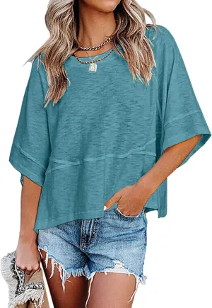 Sherosa Womens Casual Crewneck Half Sleeve T-Shirts Solid Color Loose Fit Summer Basic Tops Tees Blouses