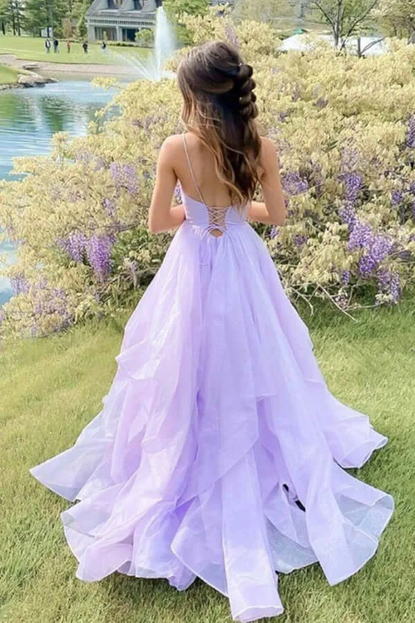 Shiny Lavender A-line V-neck Backless Long Prom Dresses, Evening Gown, SP761