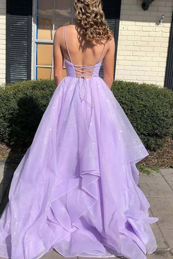 Shiny Lavender A-line V-neck Backless Long Prom Dresses, Evening Gown, SP761