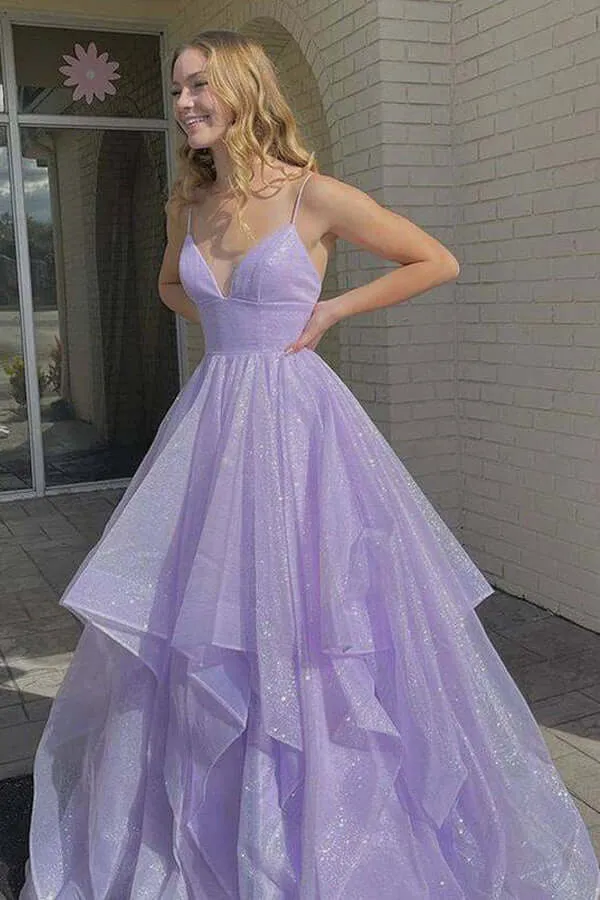 Shiny Lavender A-line V-neck Backless Long Prom Dresses, Evening Gown, SP761