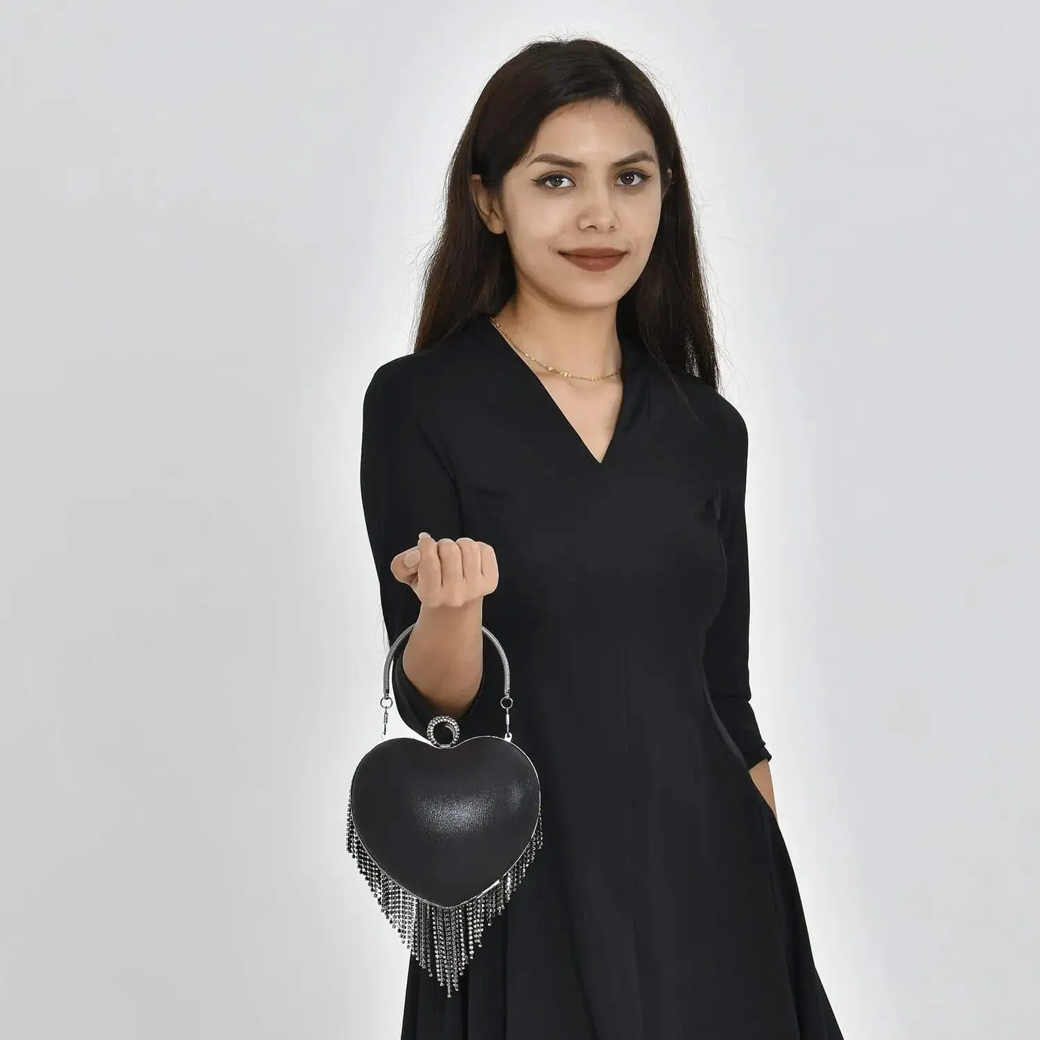 Shop LC Sheeny Heart Shape Tassel Clutch Bag with Handle and Removable Chain Strap Birthday Gifts