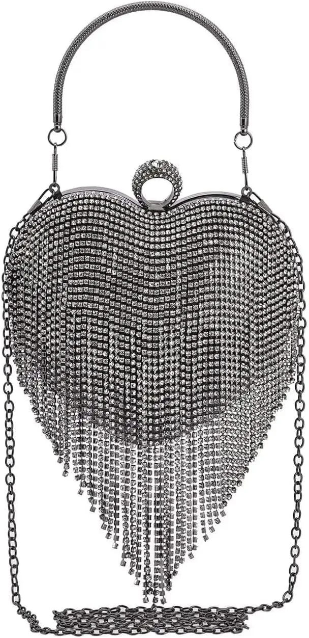 Shop LC Sheeny Heart Shape Tassel Clutch Bag with Handle and Removable Chain Strap Birthday Gifts