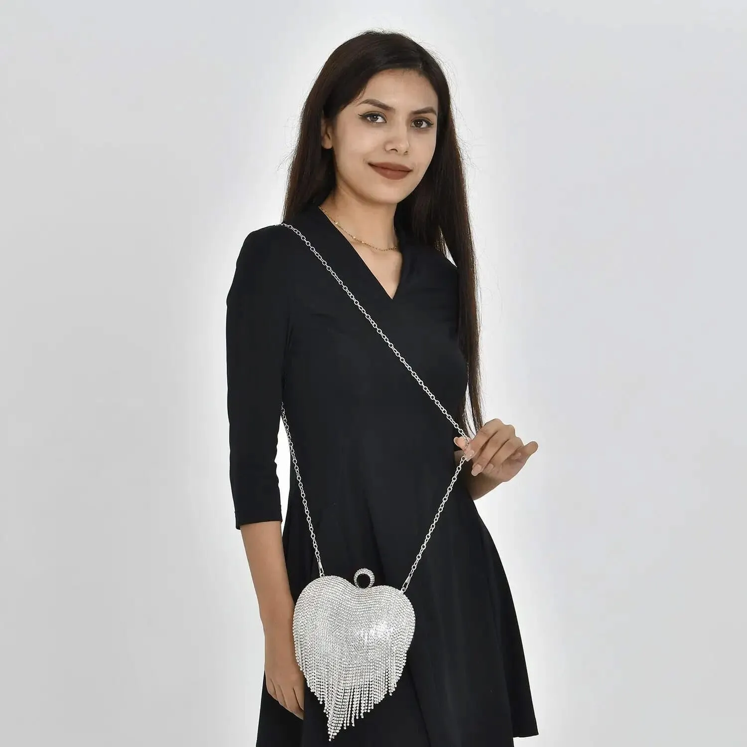 Shop LC Sheeny Heart Shape Tassel Clutch Bag with Handle and Removable Chain Strap Birthday Gifts