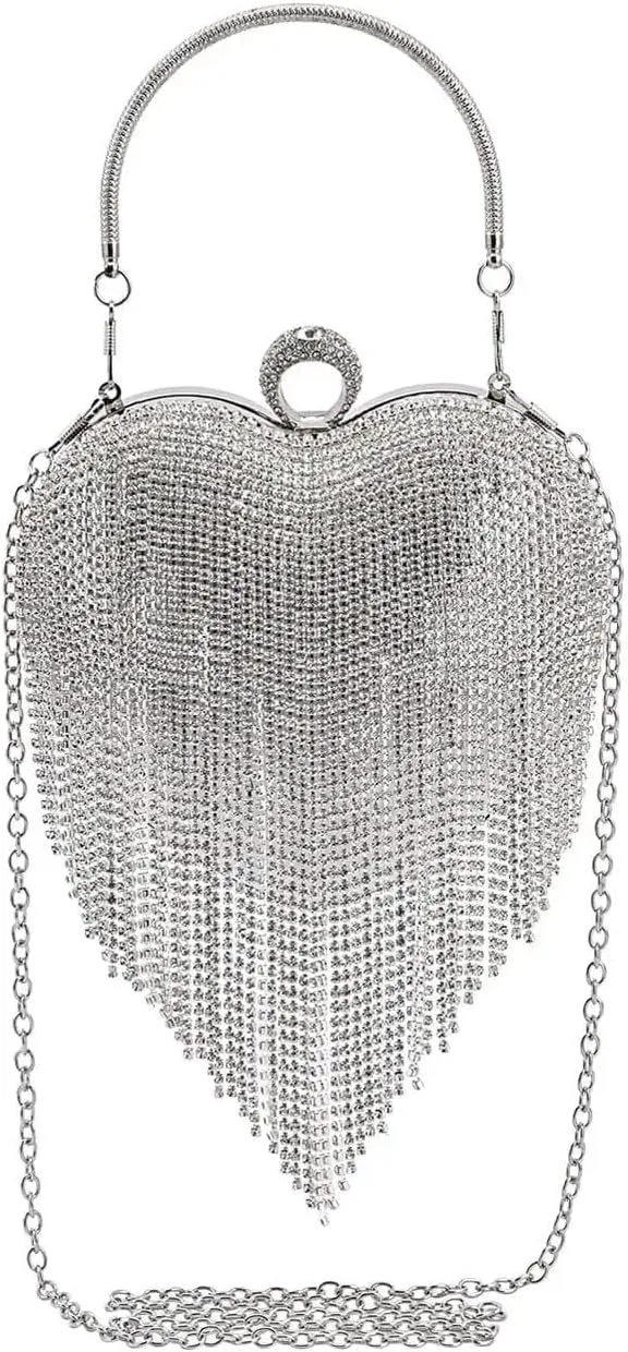 Shop LC Sheeny Heart Shape Tassel Clutch Bag with Handle and Removable Chain Strap Birthday Gifts