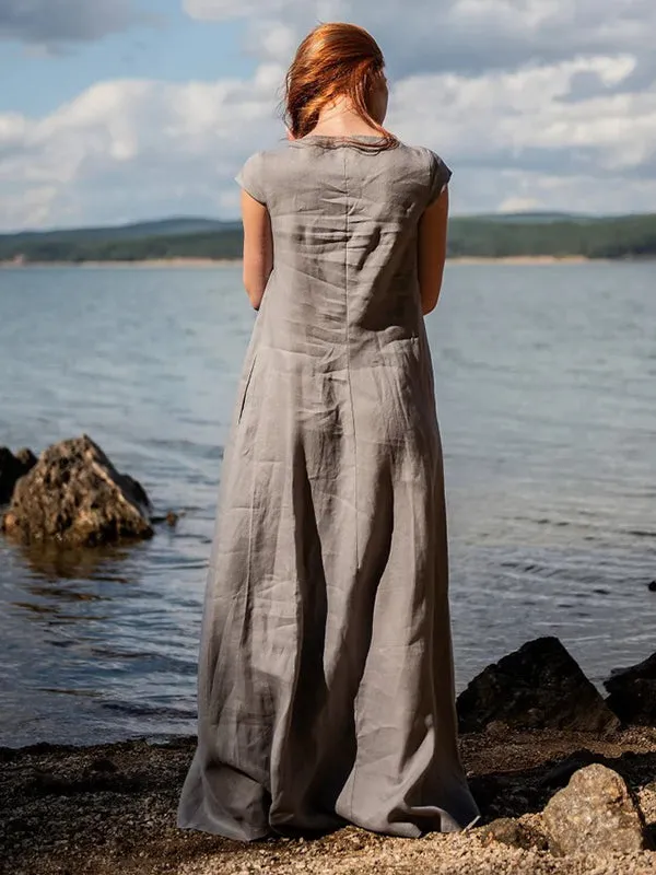 Simple Gray Ramie Cotton Cap Sleeve Maxi Dress