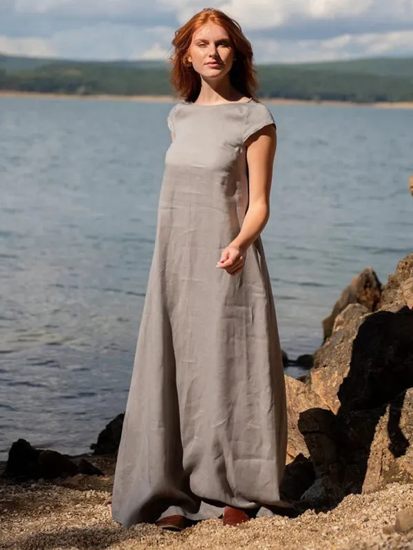 Simple Gray Ramie Cotton Cap Sleeve Maxi Dress