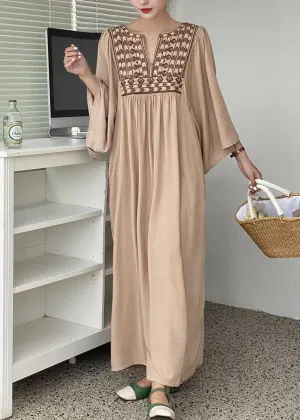 Simple Khaki Embroideried Oversized Cotton Vacation Dresses Batwing Sleeve LY1359