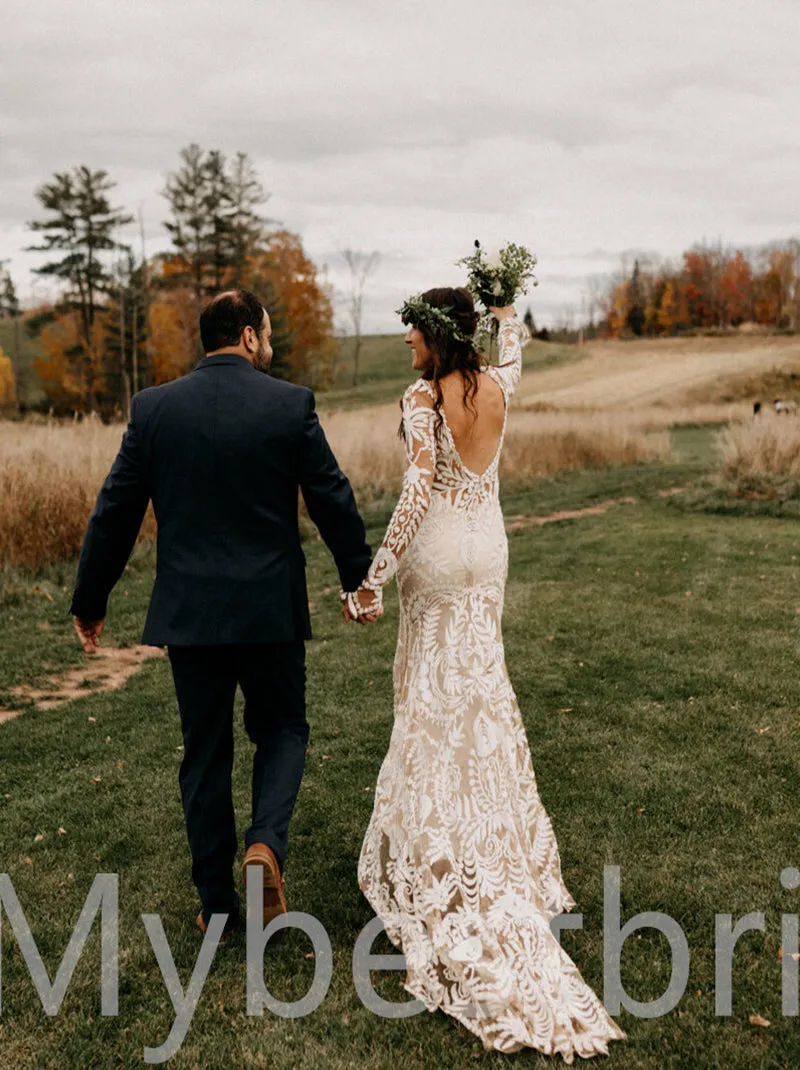 Simple Long sleeves Mermaid Lace applique Wedding Dresses, WDY0228