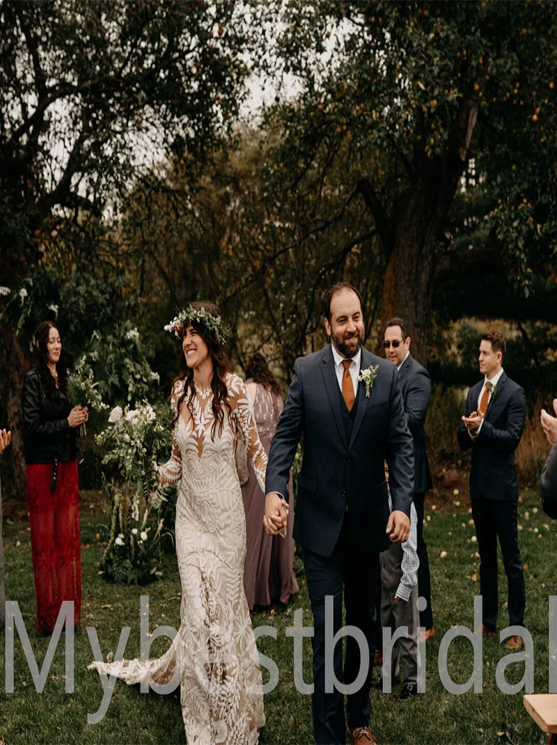 Simple Long sleeves Mermaid Lace applique Wedding Dresses, WDY0228