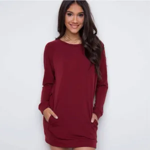 Simple Loose Scoop Long Sleeve Pocket Short Dress