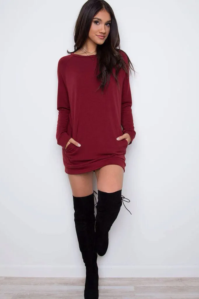 Simple Loose Scoop Long Sleeve Pocket Short Dress