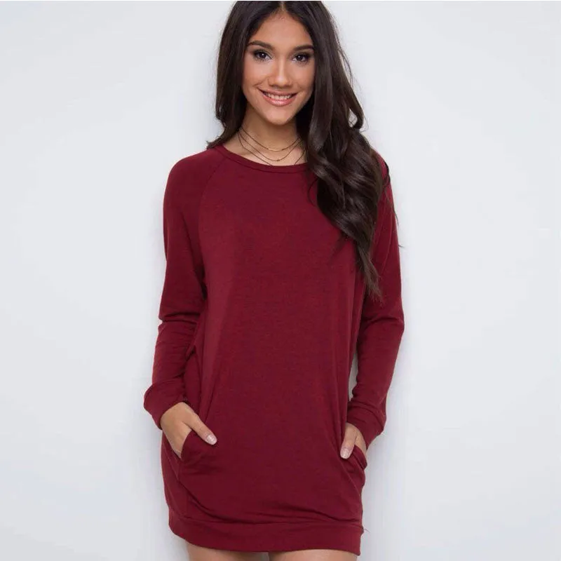 Simple Loose Scoop Long Sleeve Pocket Short Dress