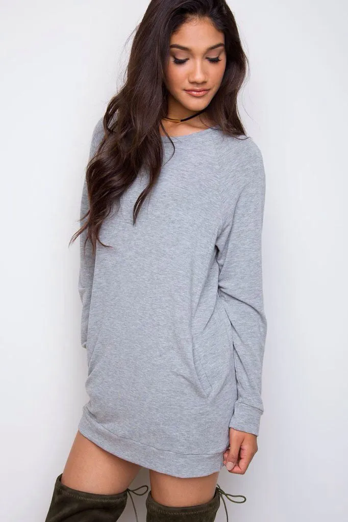 Simple Loose Scoop Long Sleeve Pocket Short Dress