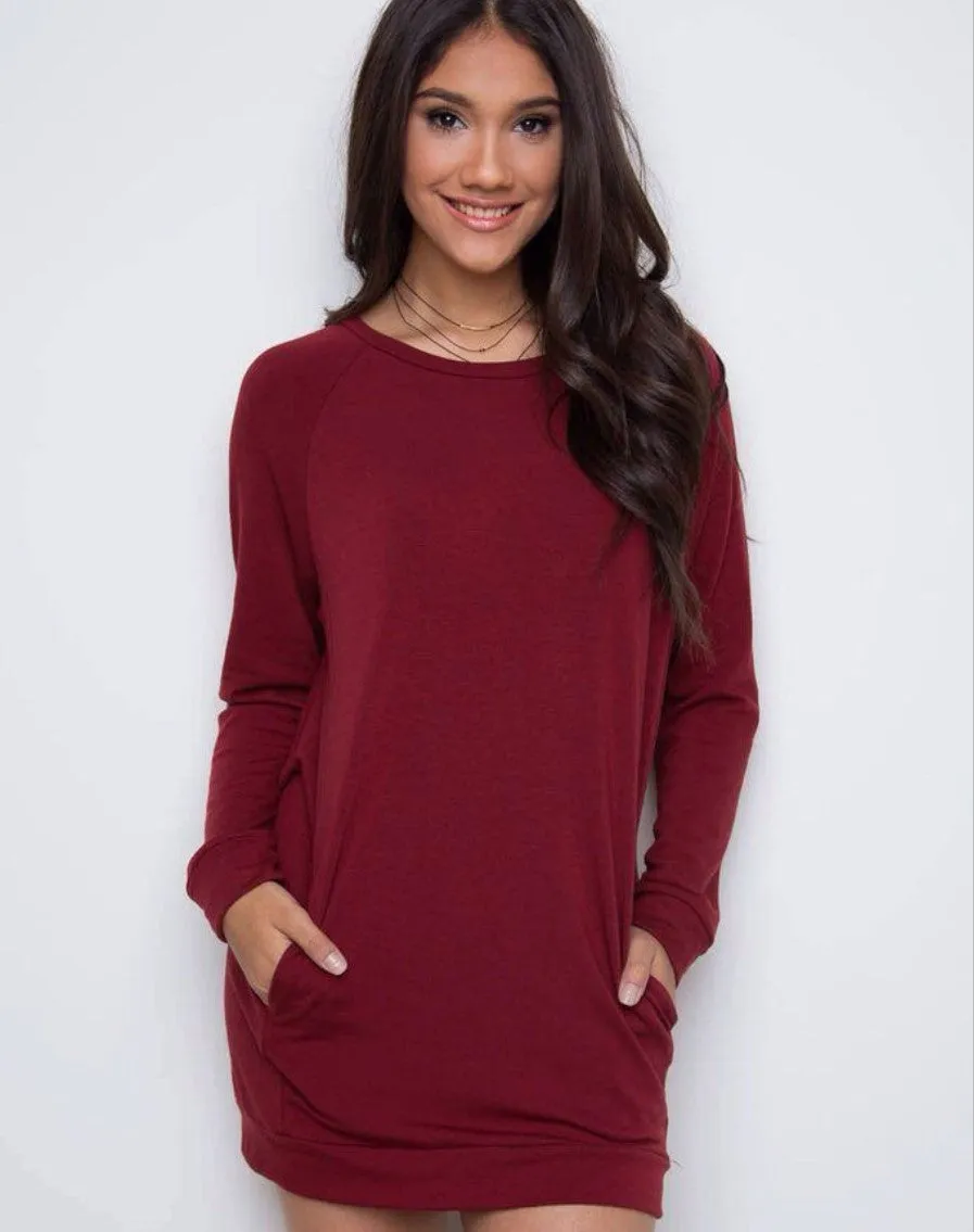 Simple Loose Scoop Long Sleeve Pocket Short Dress