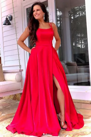 Simple Red A-line Satin High Slit Sweep Train Prom Dresses, Formal Dress, SP780