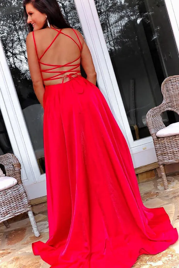 Simple Red A-line Satin High Slit Sweep Train Prom Dresses, Formal Dress, SP780