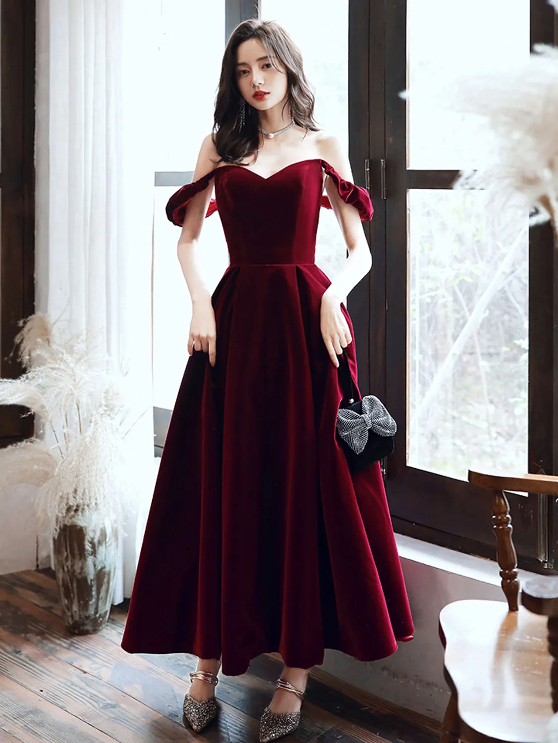 Simple Velvet Tea Length Prom Dresses, Burgundy Velvet Evening Dresses