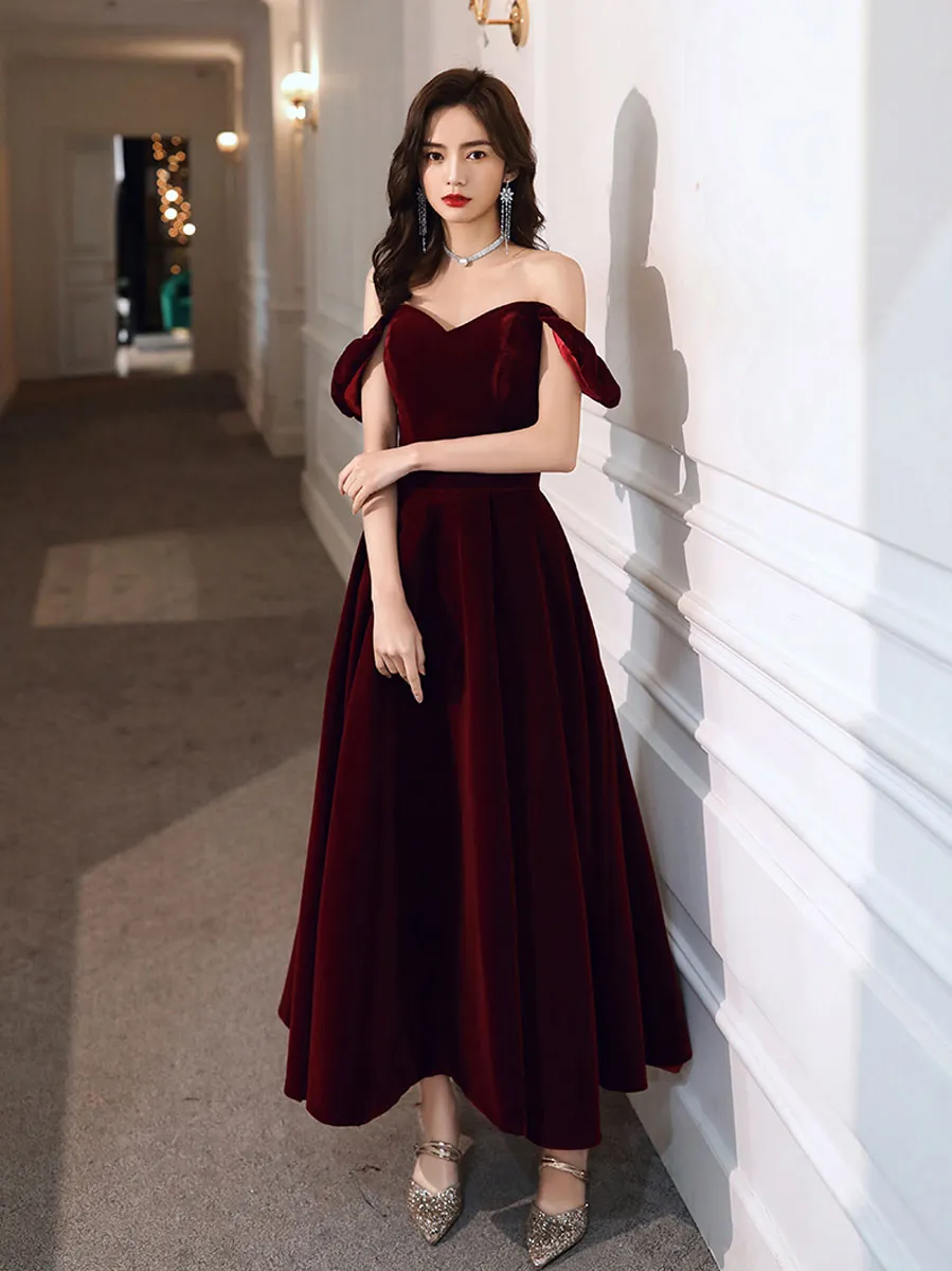 Simple Velvet Tea Length Prom Dresses, Burgundy Velvet Evening Dresses