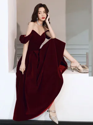 Simple Velvet Tea Length Prom Dresses, Burgundy Velvet Evening Dresses