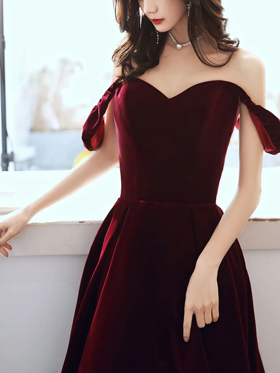 Simple Velvet Tea Length Prom Dresses, Burgundy Velvet Evening Dresses