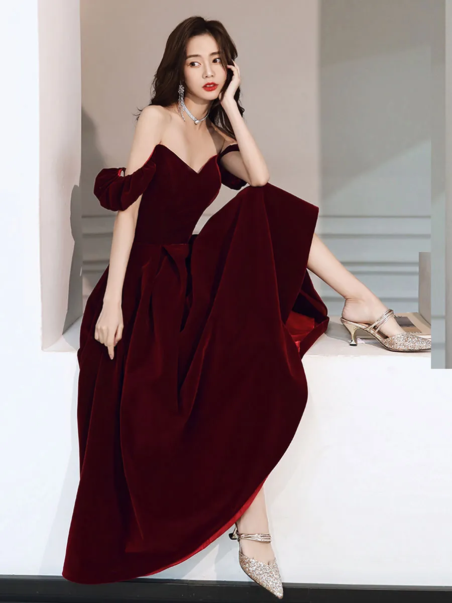 Simple Velvet Tea Length Prom Dresses, Burgundy Velvet Evening Dresses