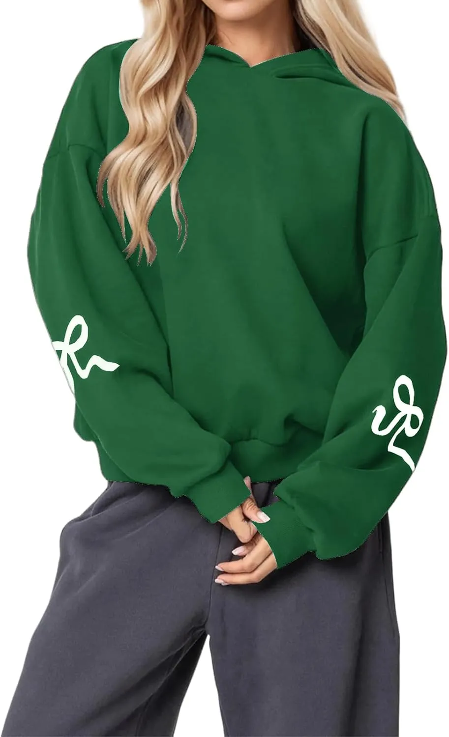Smoneyful Womens Cute Bow Trim Print Hoodies Long Sleeve Fleeced Trendy Hooded Sweatshirts Oversized Pullover Tops