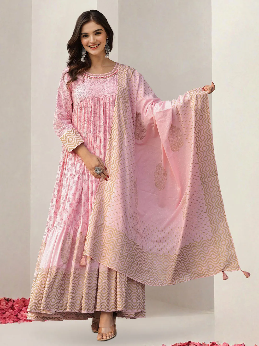 Soft Pink Cotton Printed Ethnic Gown With Fit & Flare Silhouette