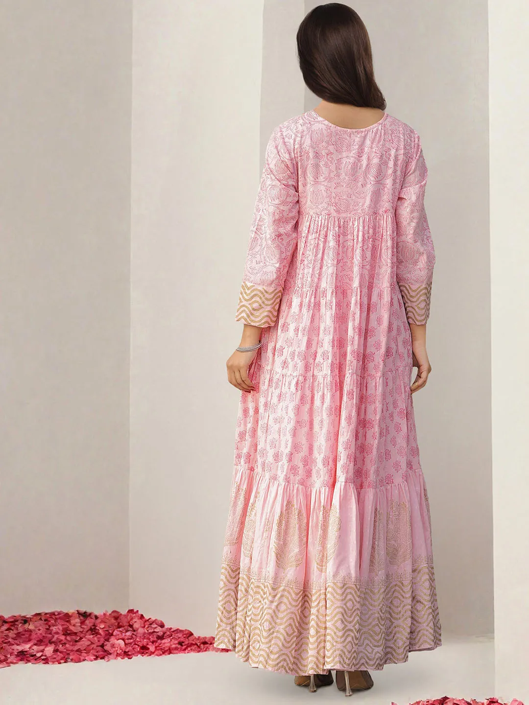 Soft Pink Cotton Printed Ethnic Gown With Fit & Flare Silhouette