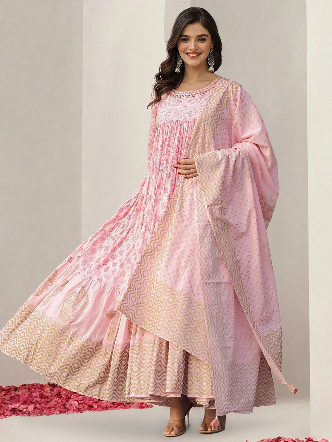Soft Pink Cotton Printed Ethnic Gown With Fit & Flare Silhouette