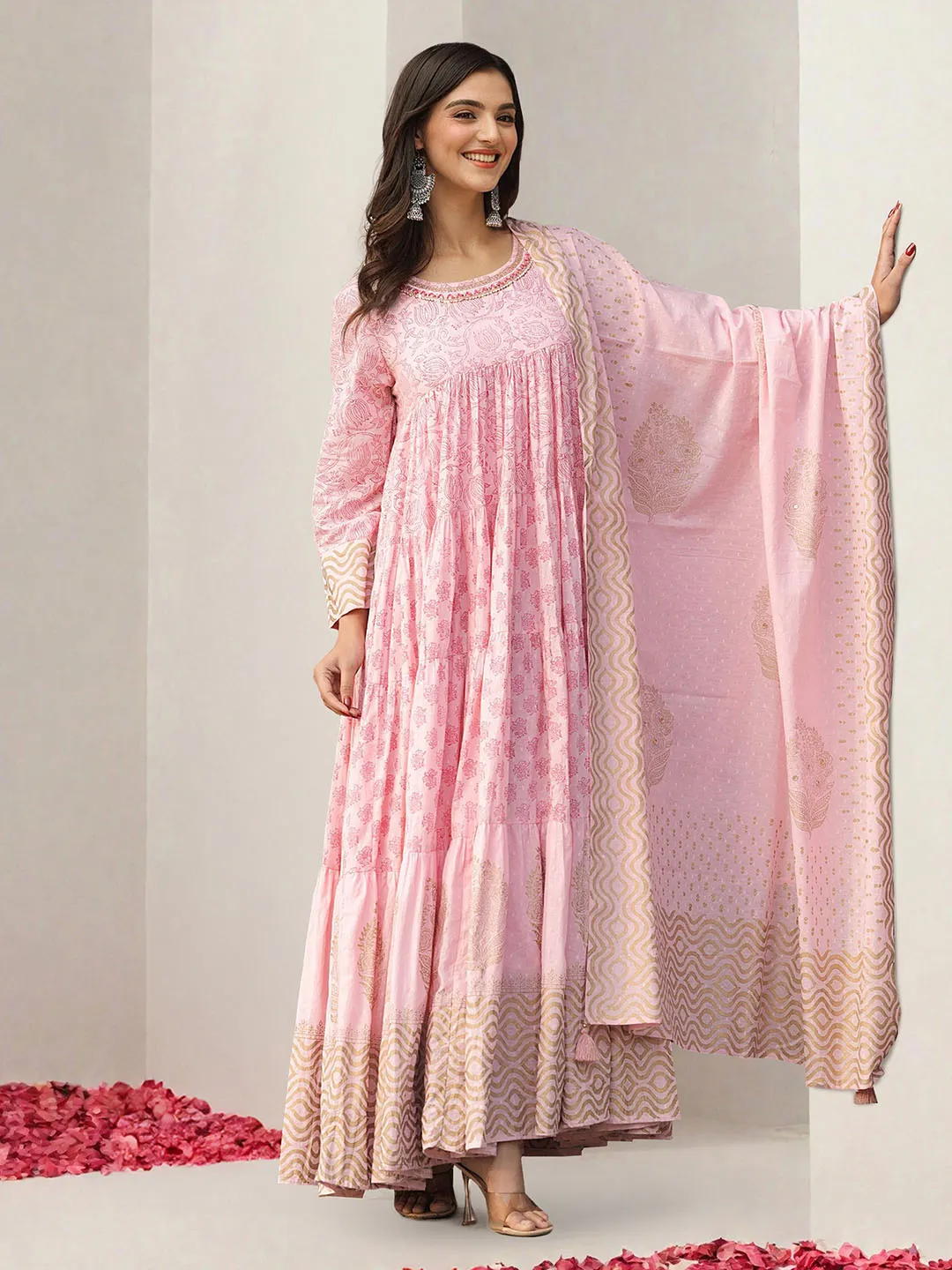 Soft Pink Cotton Printed Ethnic Gown With Fit & Flare Silhouette