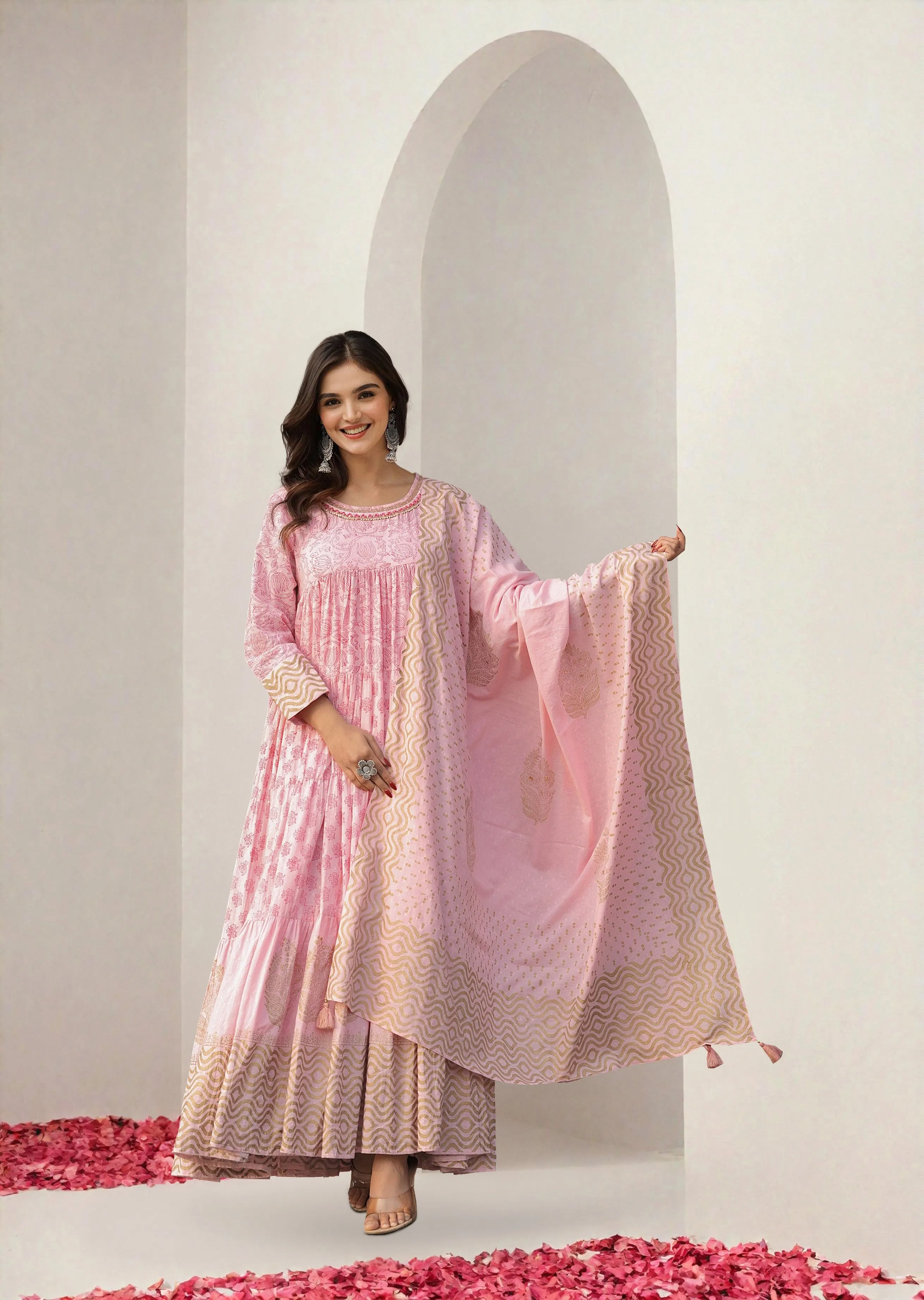 Soft Pink Cotton Printed Ethnic Gown With Fit & Flare Silhouette